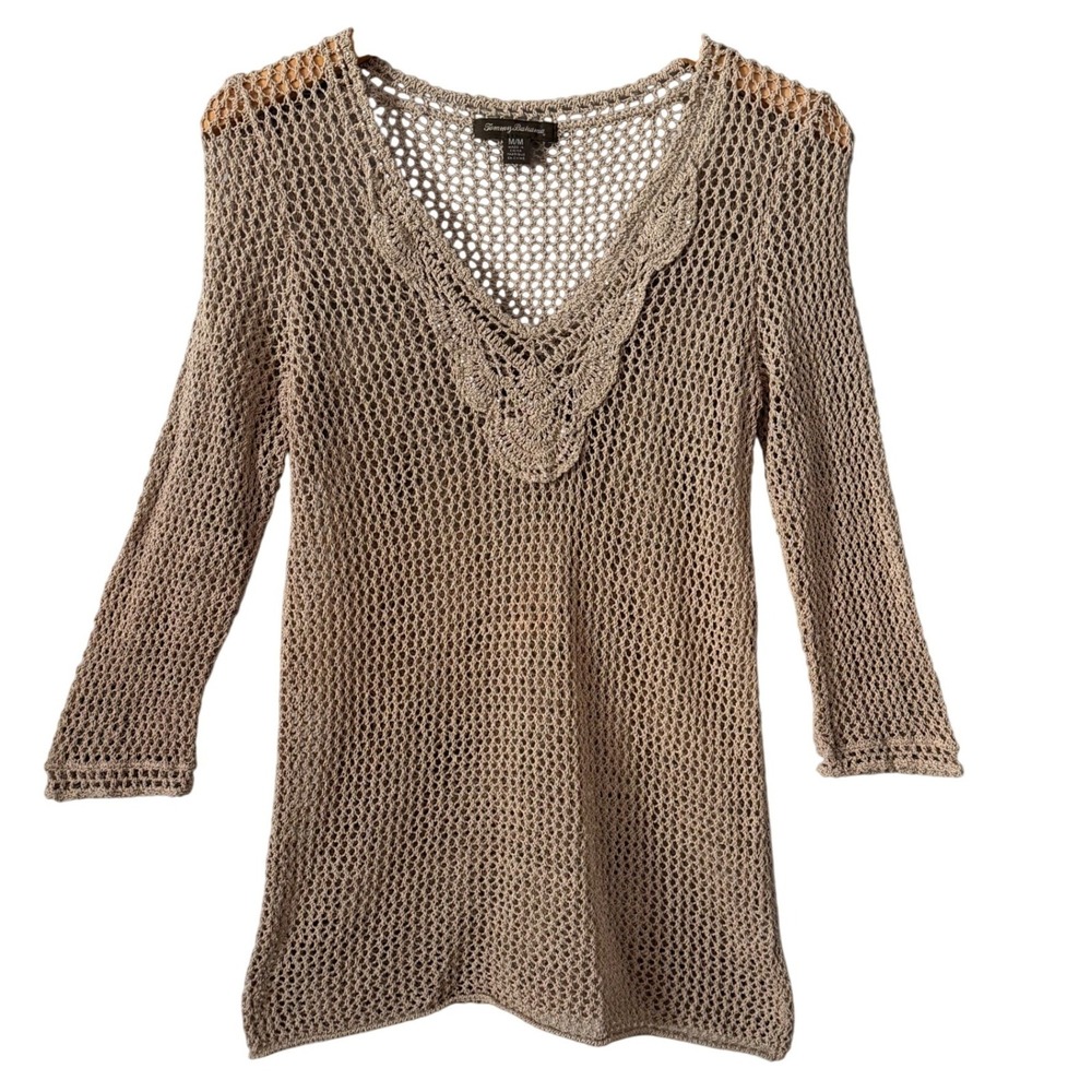 Tommy Bahama Women Sz Md Tan Open Knit Crochet 3/4 Sleeve Sweater Top Boho Mesh